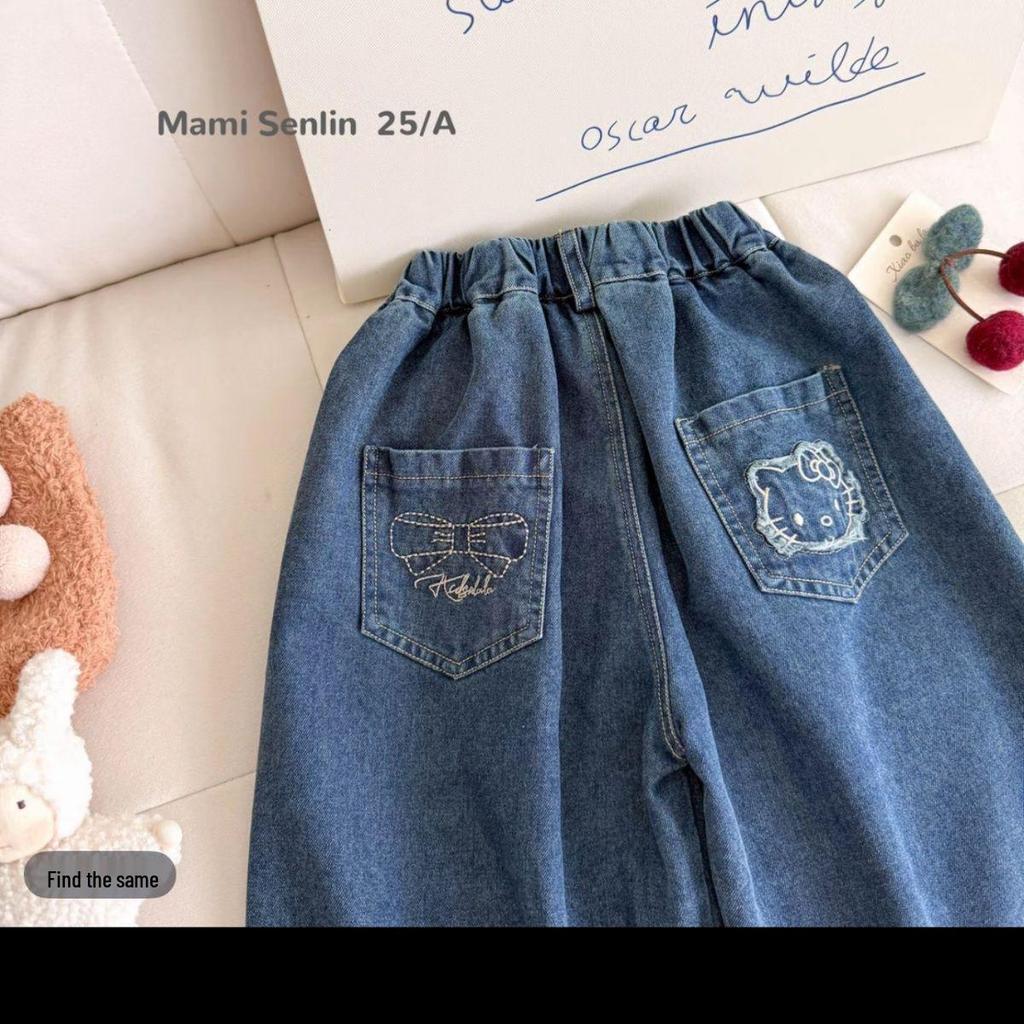 Girls' Lace Hem Embroidered Jeans - Korean Style with Cartoon Design for Spring & Autumn