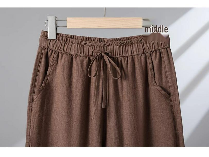 Women's High-Waisted Cotton Linen Wide-Leg Pants - Spring/Summer/Fall, Plus Size, Nine-Point, Drawstring, Casual Japanese Style