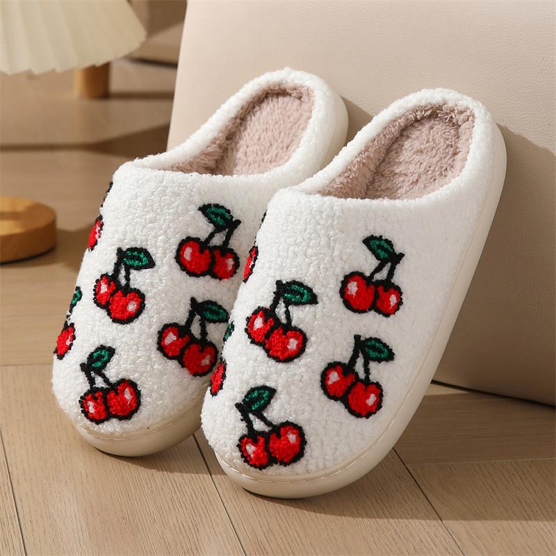 Fashion Cute Cherry Printed Winter Slippers for Women Thick Plush Warm House Shoes Woman Non Slip Comfortable Soft Indoor Slippers 2025