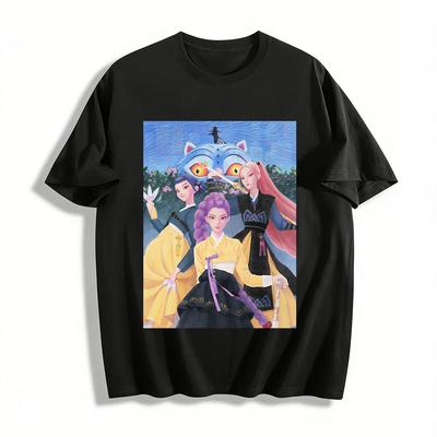 Koreanischer Stil Antike Girlgroup Print T-Shirt, Lockeres Oberteil Mit Fantasy-Katzen-Element, Trendiges Cooles Wear Item Reines Baumwoll-T-Shirt