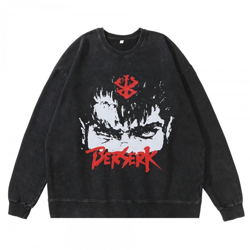 Heavyweight 360g Washed Vintage Berserk Anime Streetwear Cotton Pullover Hoodie-Free Crewneck Sweatshirt Men