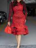 Women's Floral Print Mesh Sleeve Dress with Ruffled Hem in Red, Blue, Gray