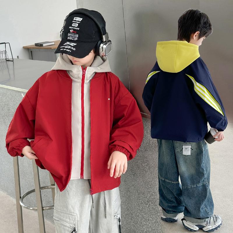 Boys' Spring and Autumn Coat 2026 New Style Big Boys' Spring Dress Boys' Red Spring Hooded Children's Handsome Fake Two Piece