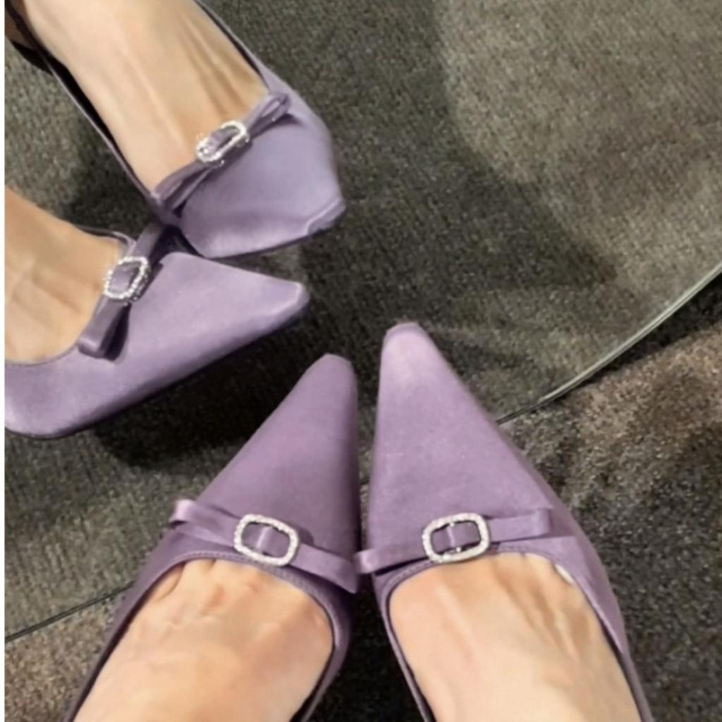 2025 Summer New Purple Satin Horseshoe Heel Bow Sandals Women's Pointed Rhinestone Buckle Sexy High Heels