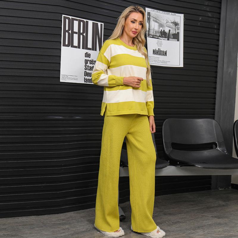 Autumn and Winter Sweater Splicing Striped Crew Neck Fashion Casual Loose Lazy Knitting Two-piece Set Women