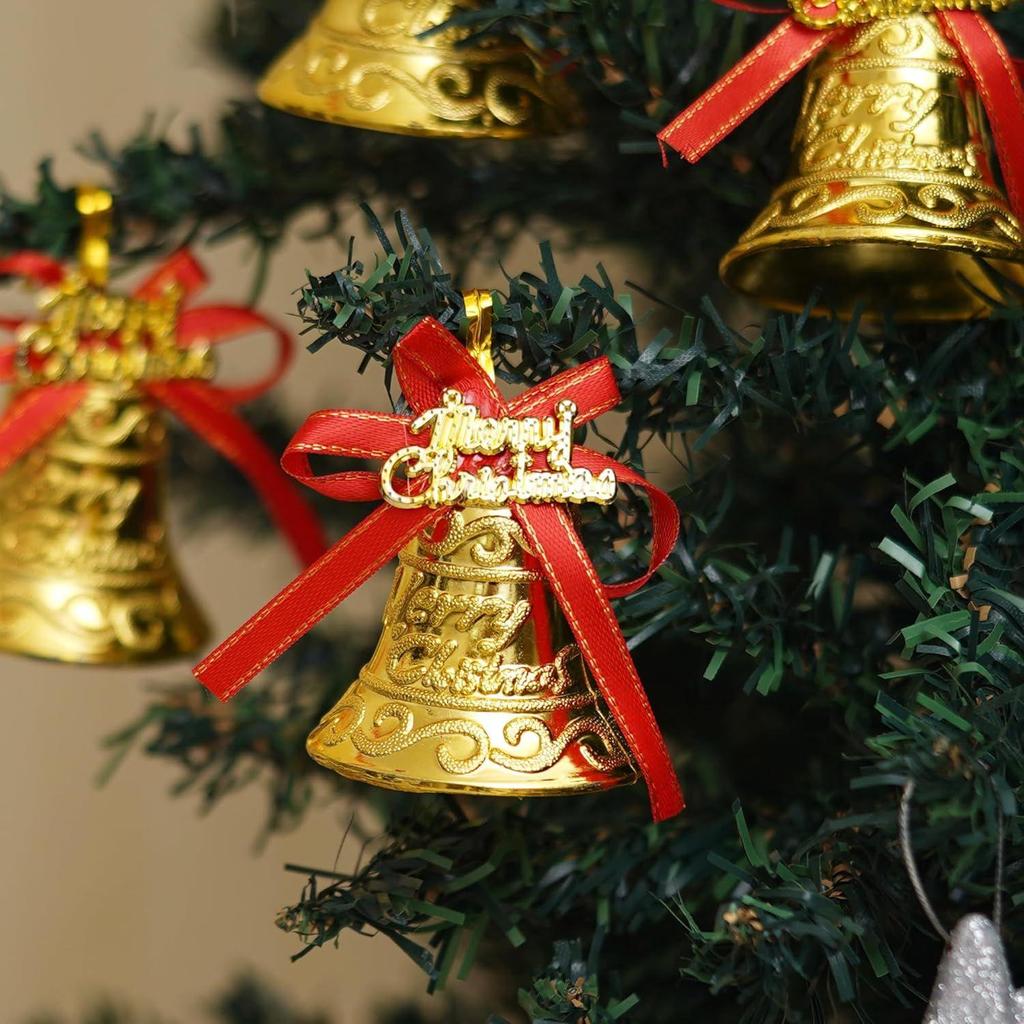 Merry Christmas Bells (Set of 6) Golden Jingle Bells with Red Ribbon | Christmas Tree Decoration Items