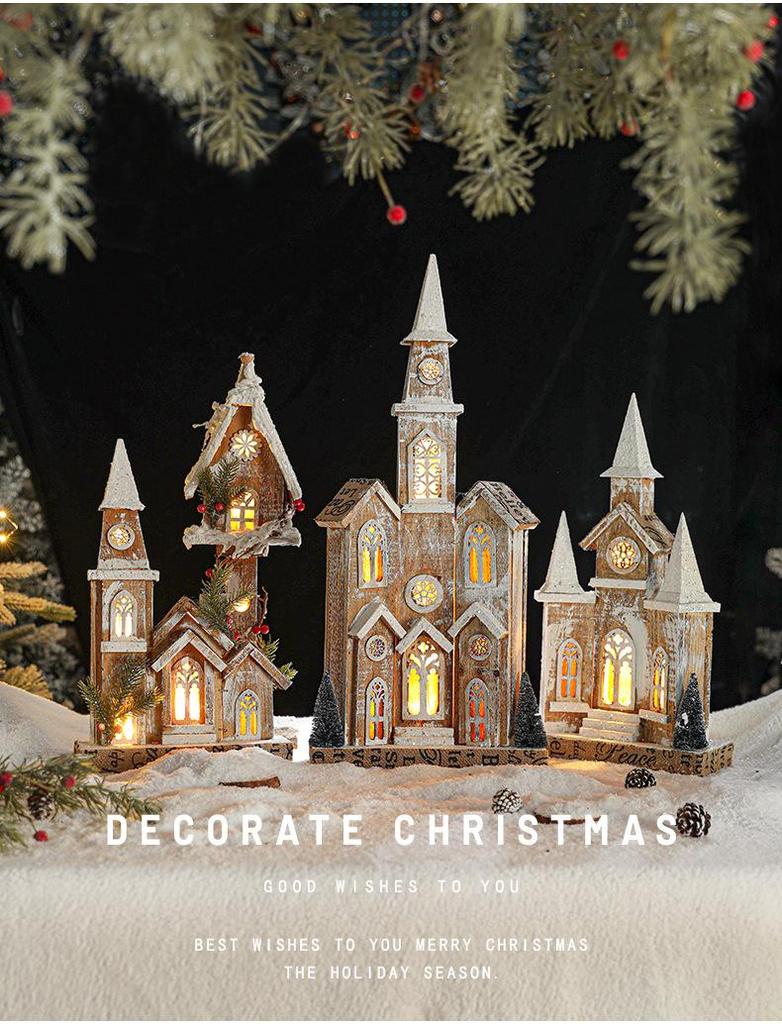 European Retro Solid Wood Luminous Christmas Snow Cabin Ornament