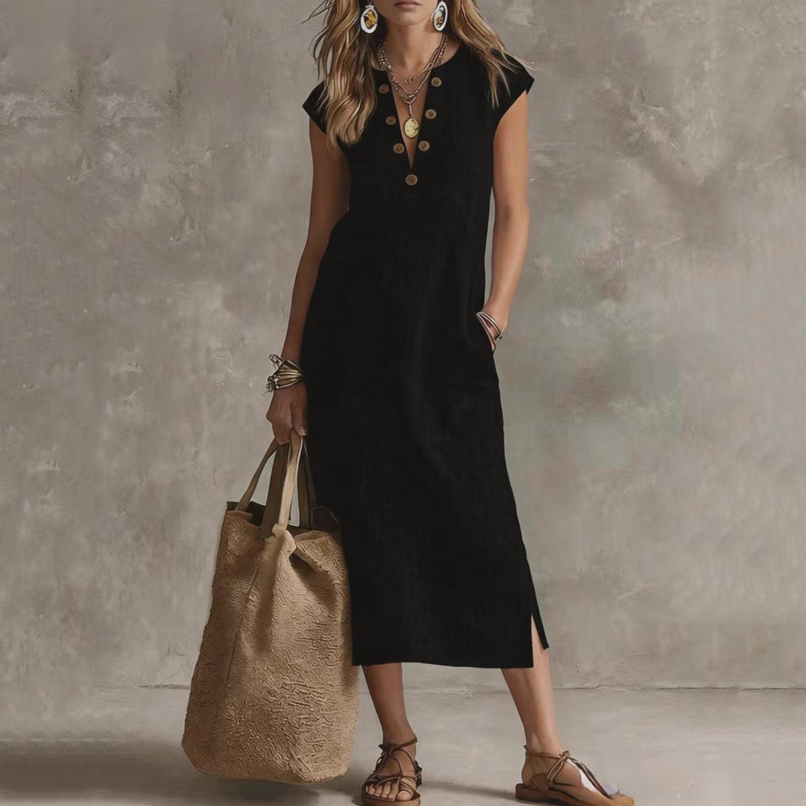 Women Sleeveless V Neck Button Front Split Hem Loose Fit Casual Midi Dress Summer Beachwear L чёрный