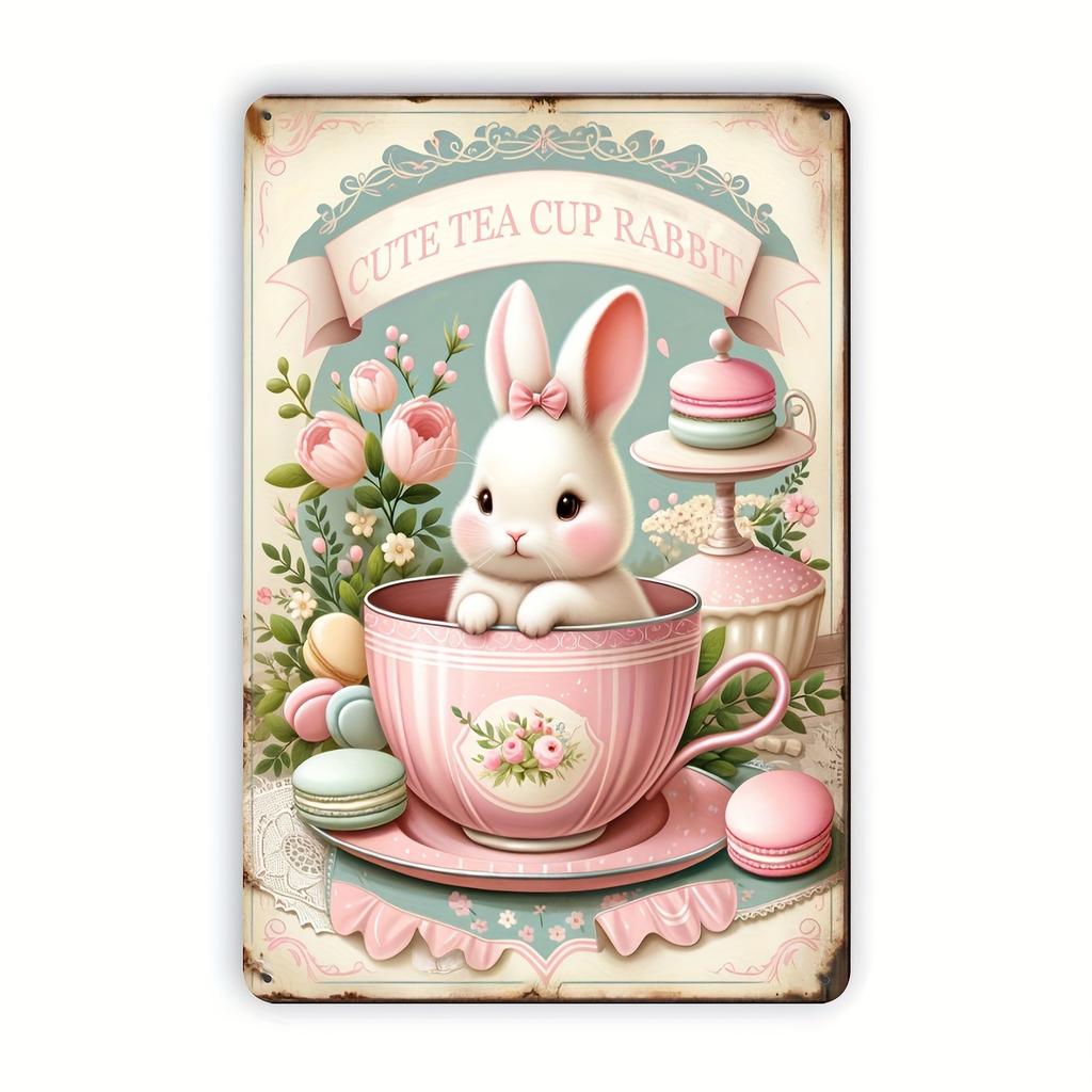 Charming Vintage Pink Teacup Rabbit Metal Sign for Patio, Kitchen, Bedroom & Outdoor Decor, Bunny Decor for Room Decor