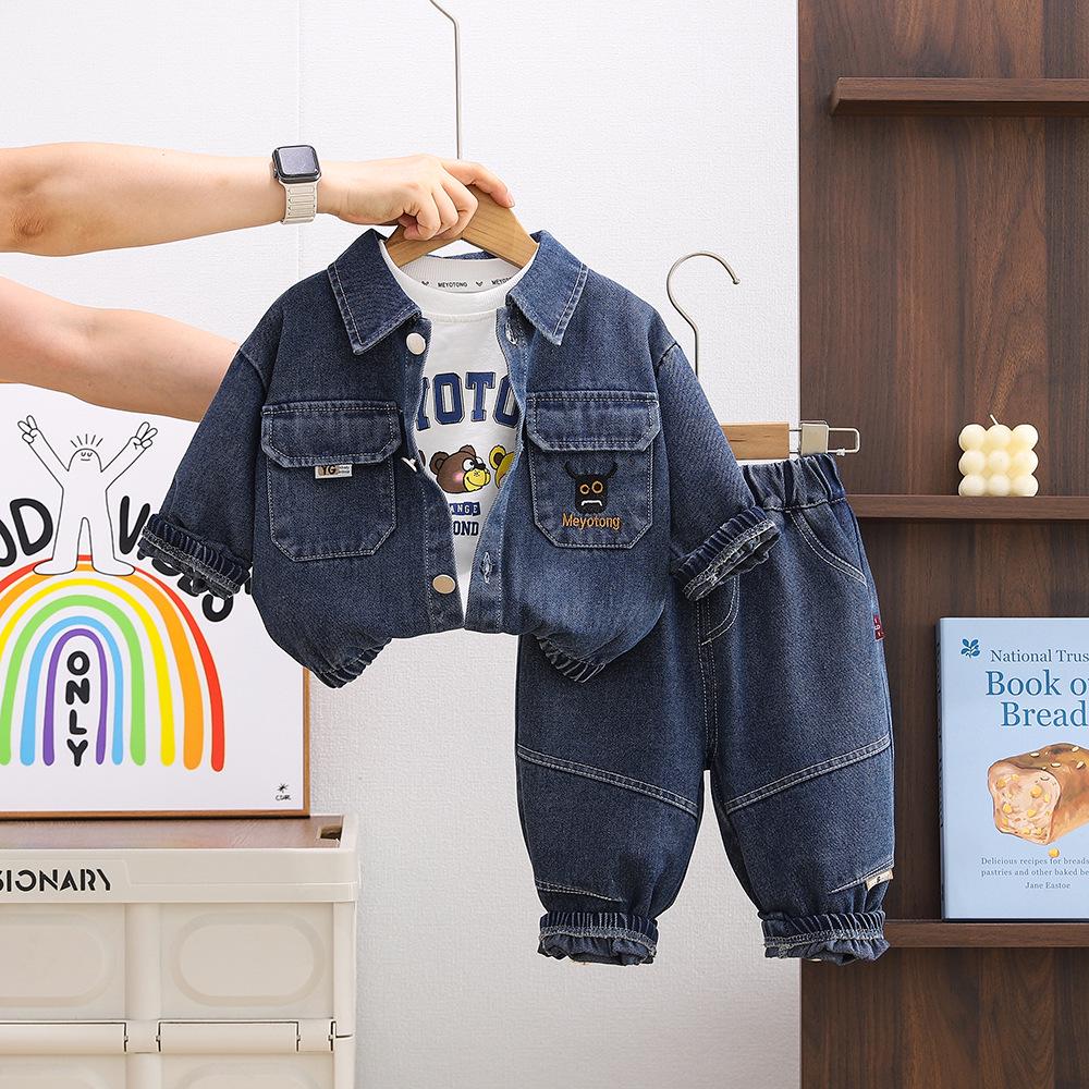 

Комплект из трех джинсовых вещей для мальчиков, осень 2025: Стильный комплект с длинным рукавом для детей 90cm—8 синий