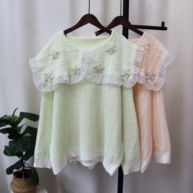 Autumn and Winter New Loose Doll Collar Knitted Sweater Top Sweet Design Sweater Pullover Woman