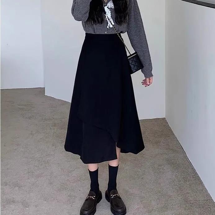 

2024 Plus Size Black High Waist Midi Skirt - Irregular A-Line Bodycon with Hip Covering Design 3XL чёрный