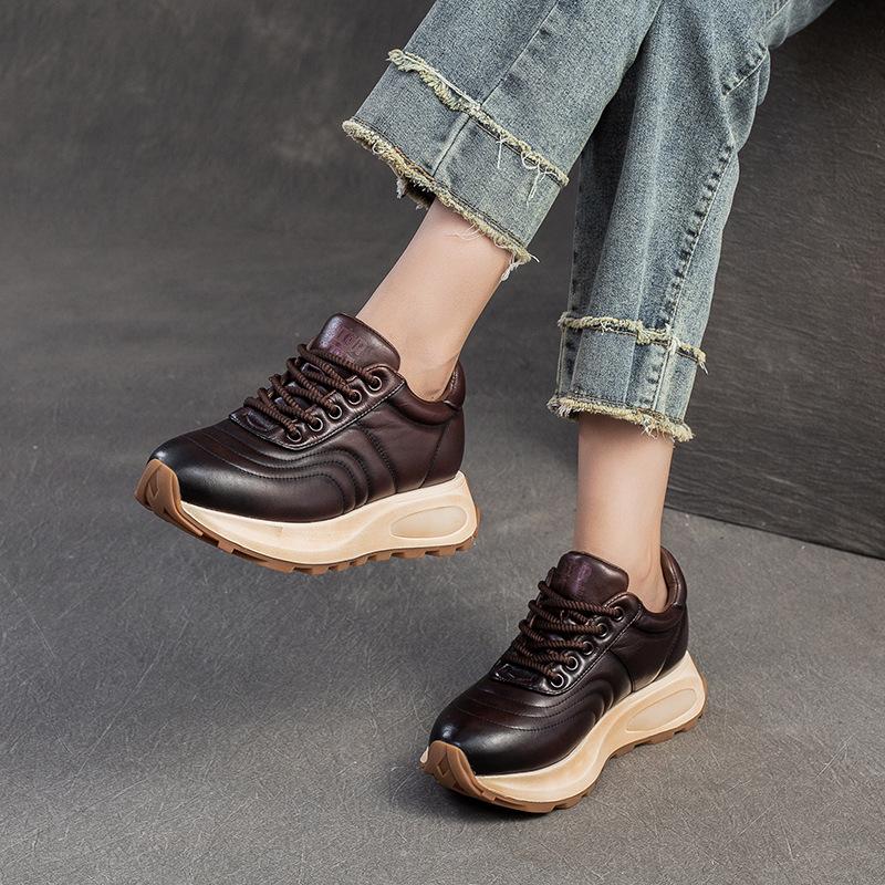 Fashion GKTINOO Lace-up Sports Women's Flat Shoes Genuine Leather Sneakers Height Increasing Handmade Comfortable Platform Sneakers