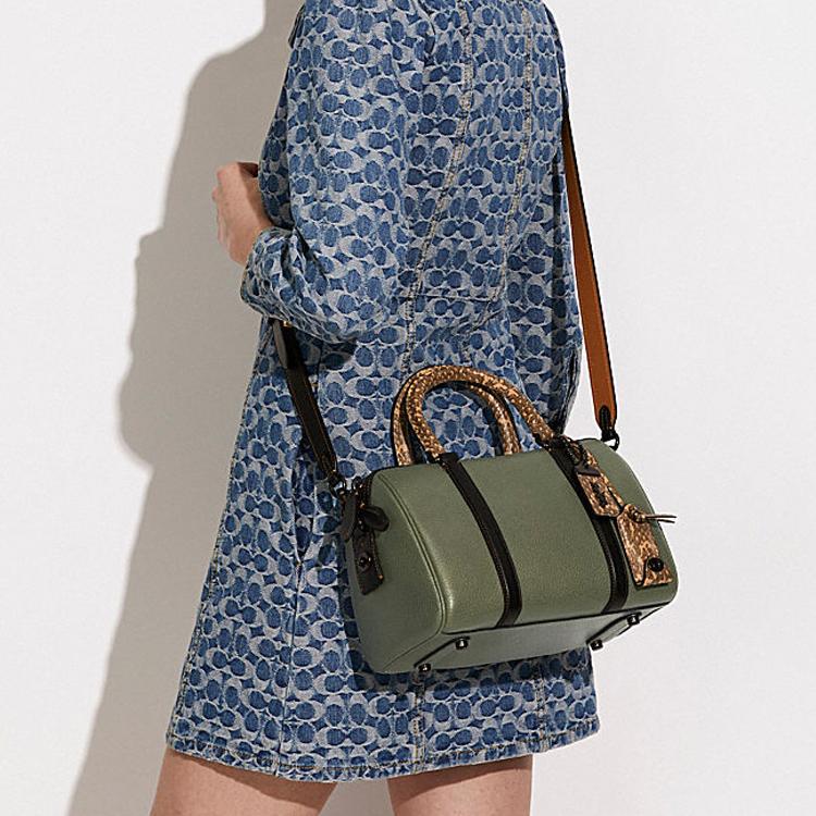 New COACH Pebbled Leather With Snake Leather Boston Bag Handbag Shoulder Bag Crossbody Bag Medium Size Women's Army Green C8533-V5PC0
