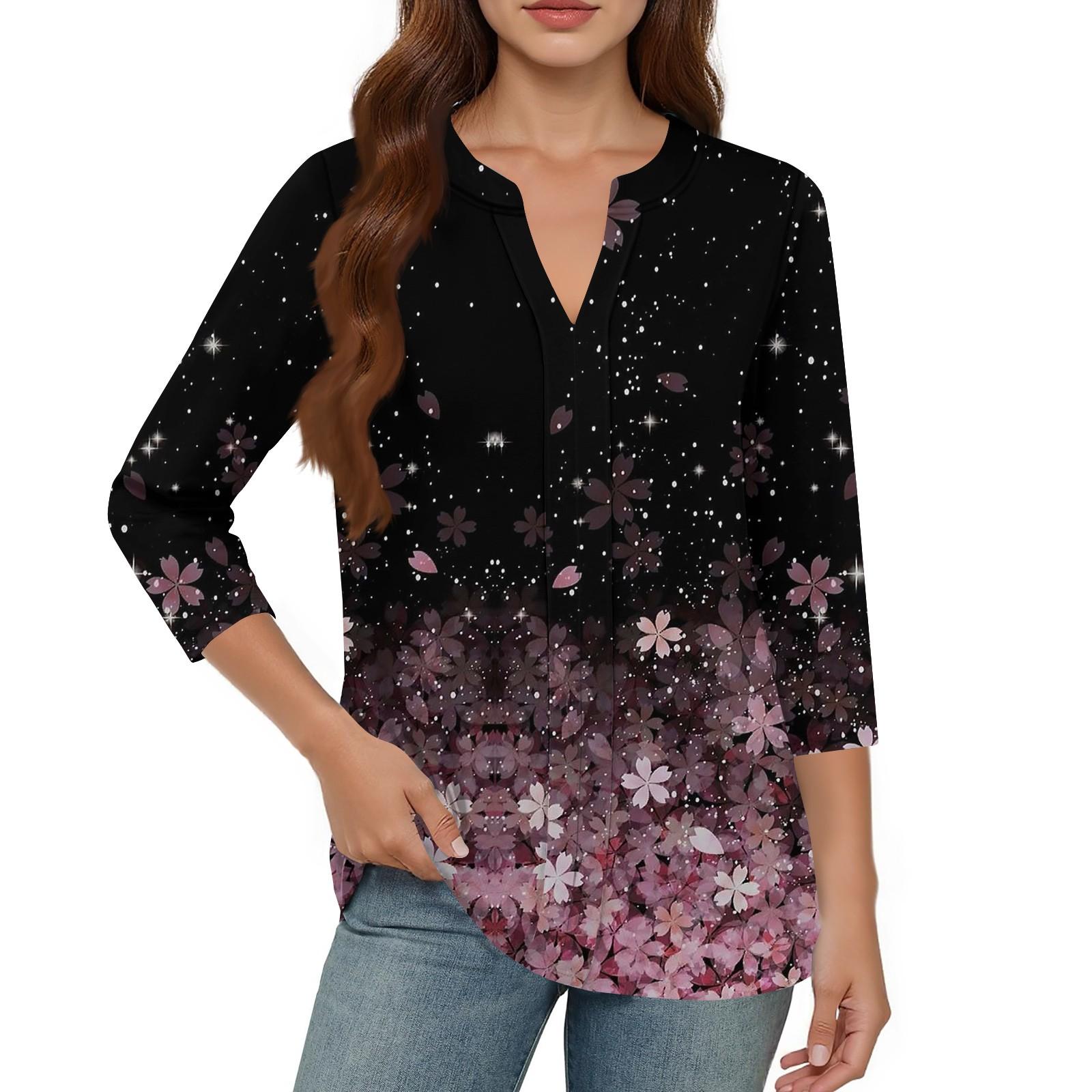

Women s Tops Casual Three-quarter Sleeve Color V-Neck Pleated Loose Top M чёрный