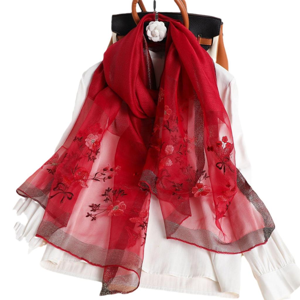 Autumn And Winter Simulated Silk Sunscreen Embroidery Long Silk Scarf Temperament Versatile Shawl Warm Embroidery Scarf Women