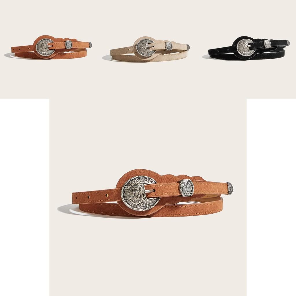 Ethnic Style Solid Color Oval Metal Buckle Decoration Suede Women Belt For Vintage Dresses And Casual Wear