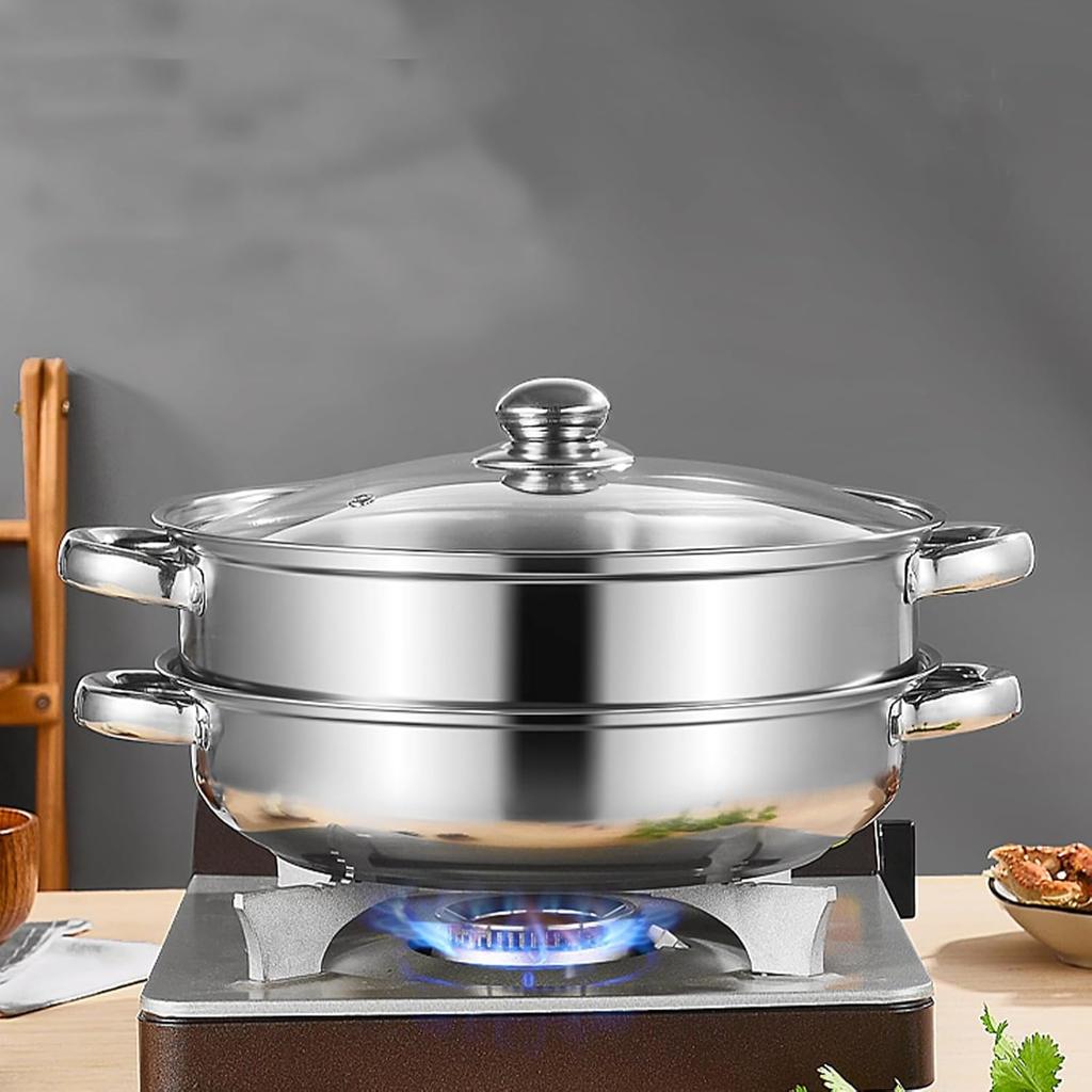 Steamer Pot With Lid 2 Tier, Multipurpose Stainless Steel Steaming Pot, Steam Pots With Handle For Vegetable, Dumpling, Food, 11 Inch