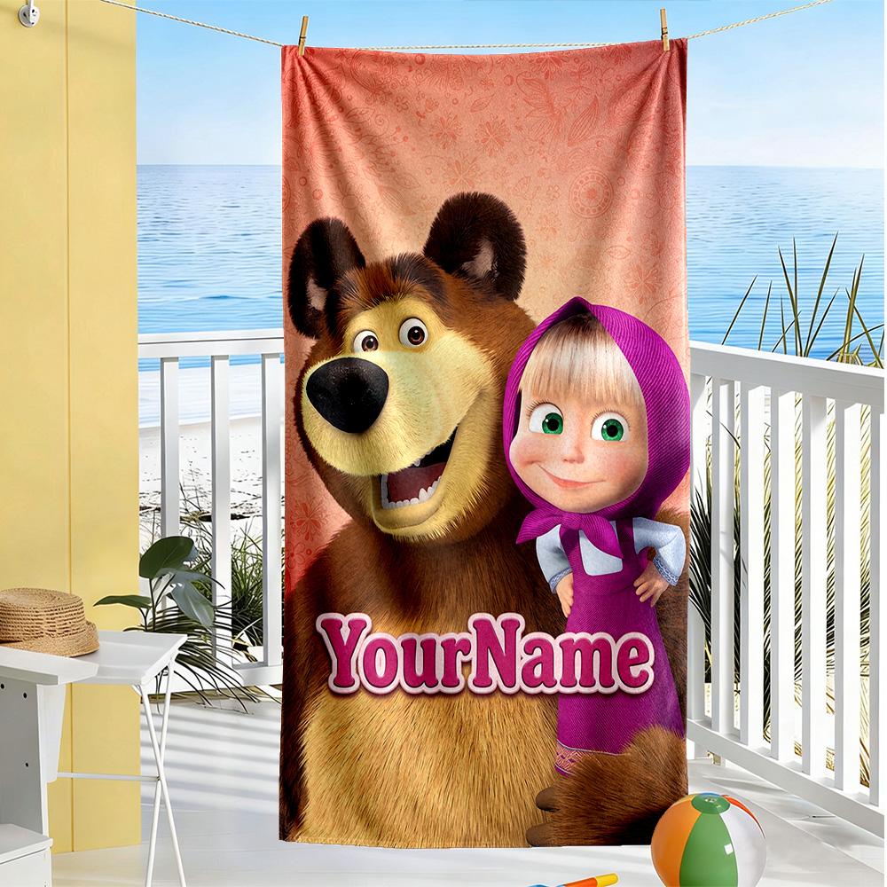 Masha Bear Customizable Name Beach Towel Super Soft Microfiber Quickdry Fabric Portable for SwimmingBeachCamping Travel Beach AccessoriesGym
