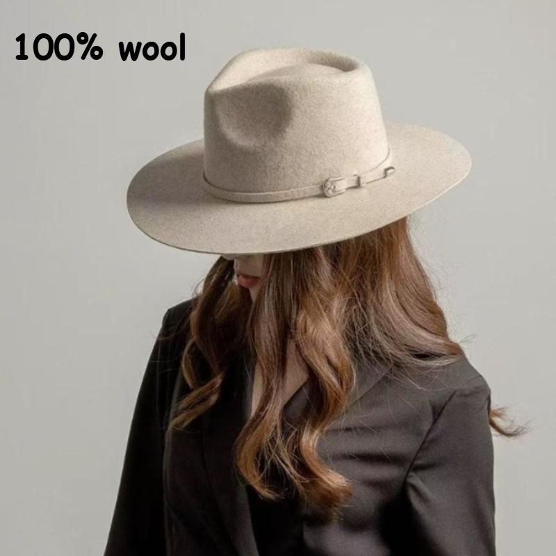 Autumn Winter French Style Pure Wool Fedora Hat With Belt Men Women Vintage Jazz Felt Cap Big Brim Stylish Casual Warm Dress Hat