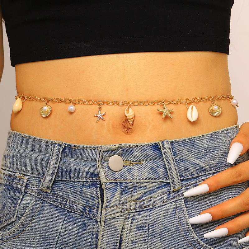 Boho Starfish Shell Pearl Waist Chain for Women Delicate Sexy Conch Tassel Belly Chain Trendy Body Chains Versatile Jewelry Gift