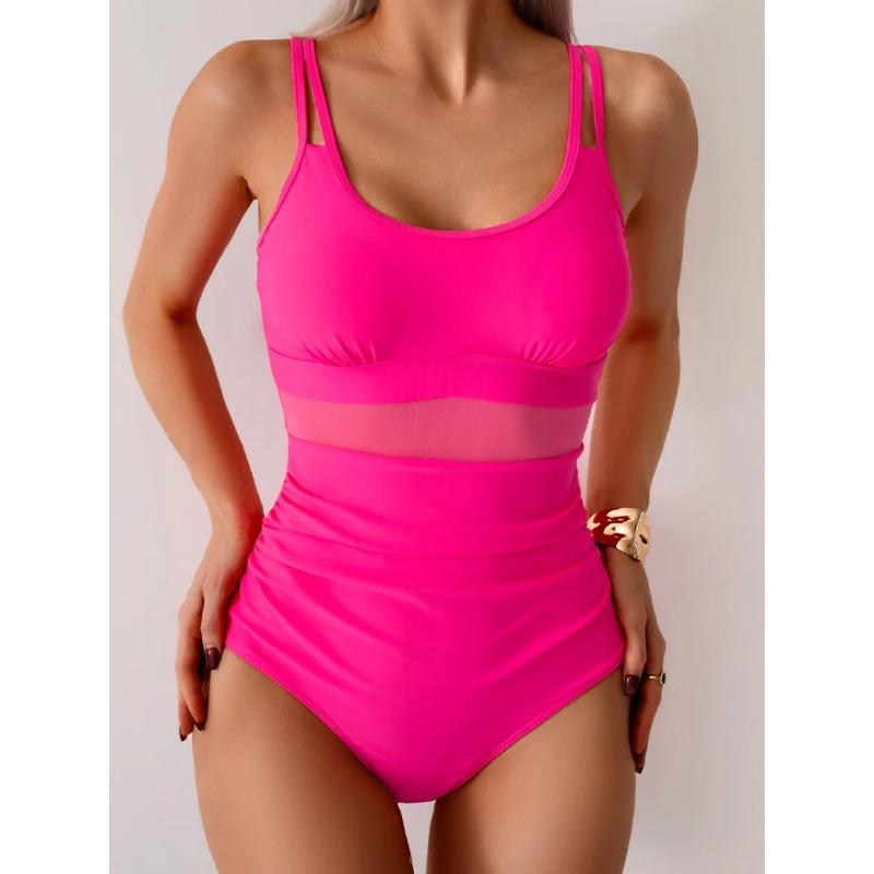

Vintage Mesh Patchwork One Piece Swimsuit Women Black Double Strap Pleate Transaprent Slim Tummy Control Swimwear 2025 Monokini S гарячі рожевого кольору