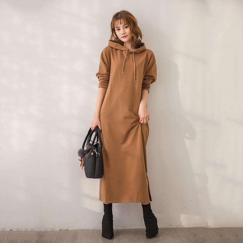 Autumn Winter Oversize Hoodies Women Elegant Lady Long Sweatshirts Dress Solid Loose Korea Casual Vintage Dress Women