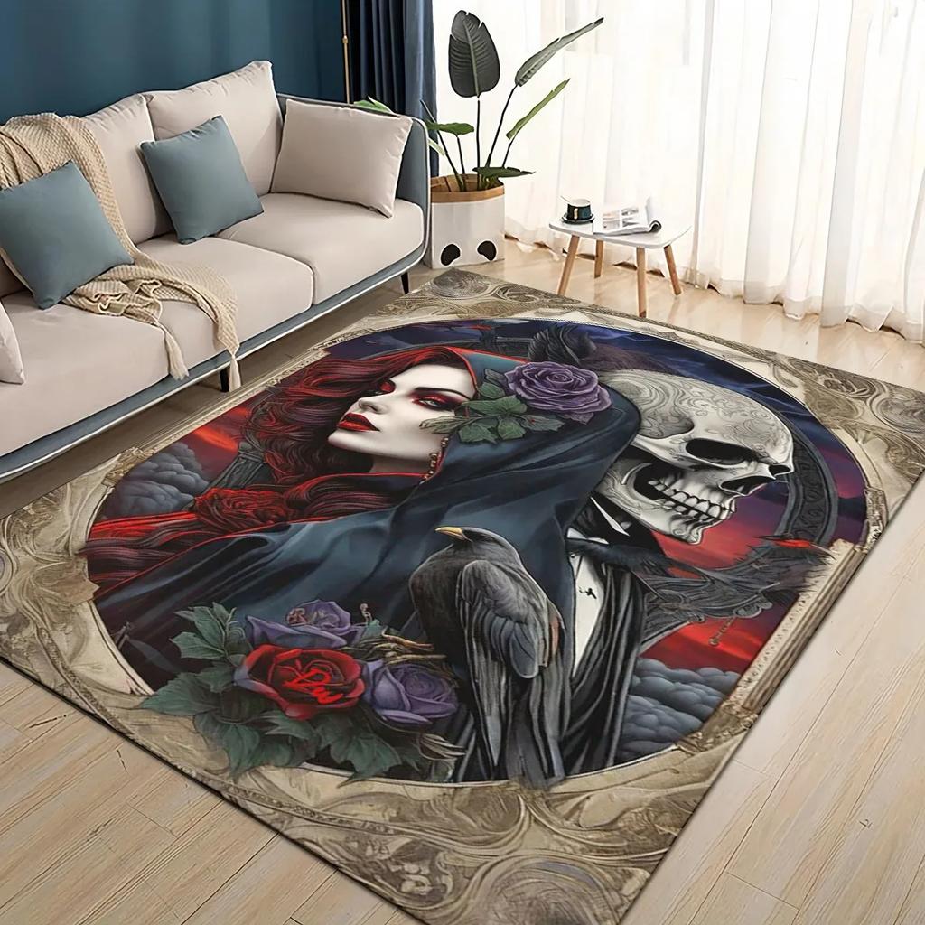 Covor Rug 3D Craniu Gotic Față Trandafir Femeie Desen Animat Groaznic pentru Sufragerie Dormitor Casă Decor Canapea, Covoraș de Podea Antiderapant pentru Copii