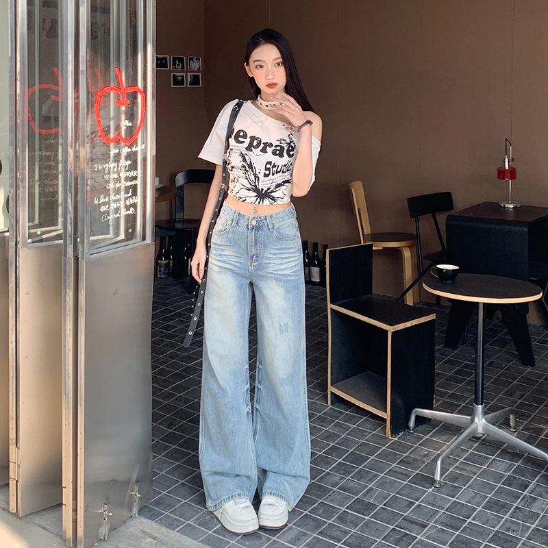 

Женские весенние джинсы ретро американского стиля светло-голубого цвета - Свободные повседневные облегающие прямые брюки с широкими штанинами L