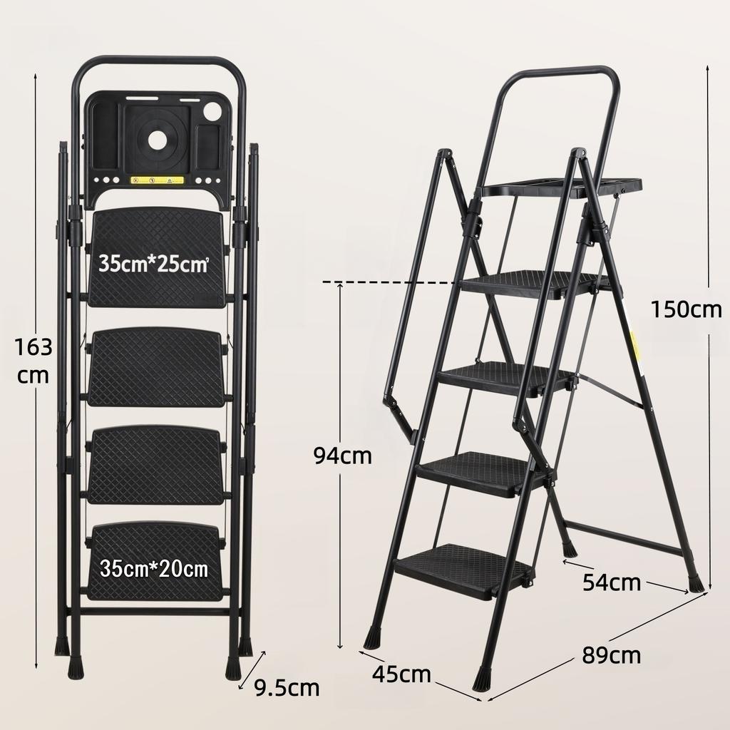 4 Step Ladder, Sturdy Steel Stool with Anti-Slip Wide Pedals, Handrail, Safe-Lock Design, Pass 330 lbs Load Testing, Folding Portable Black