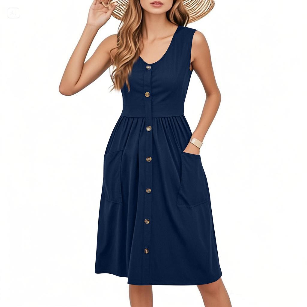 Women's Fashion Casual Solid Color Sleeveless V-Neck Buttoned Dress With Pockets