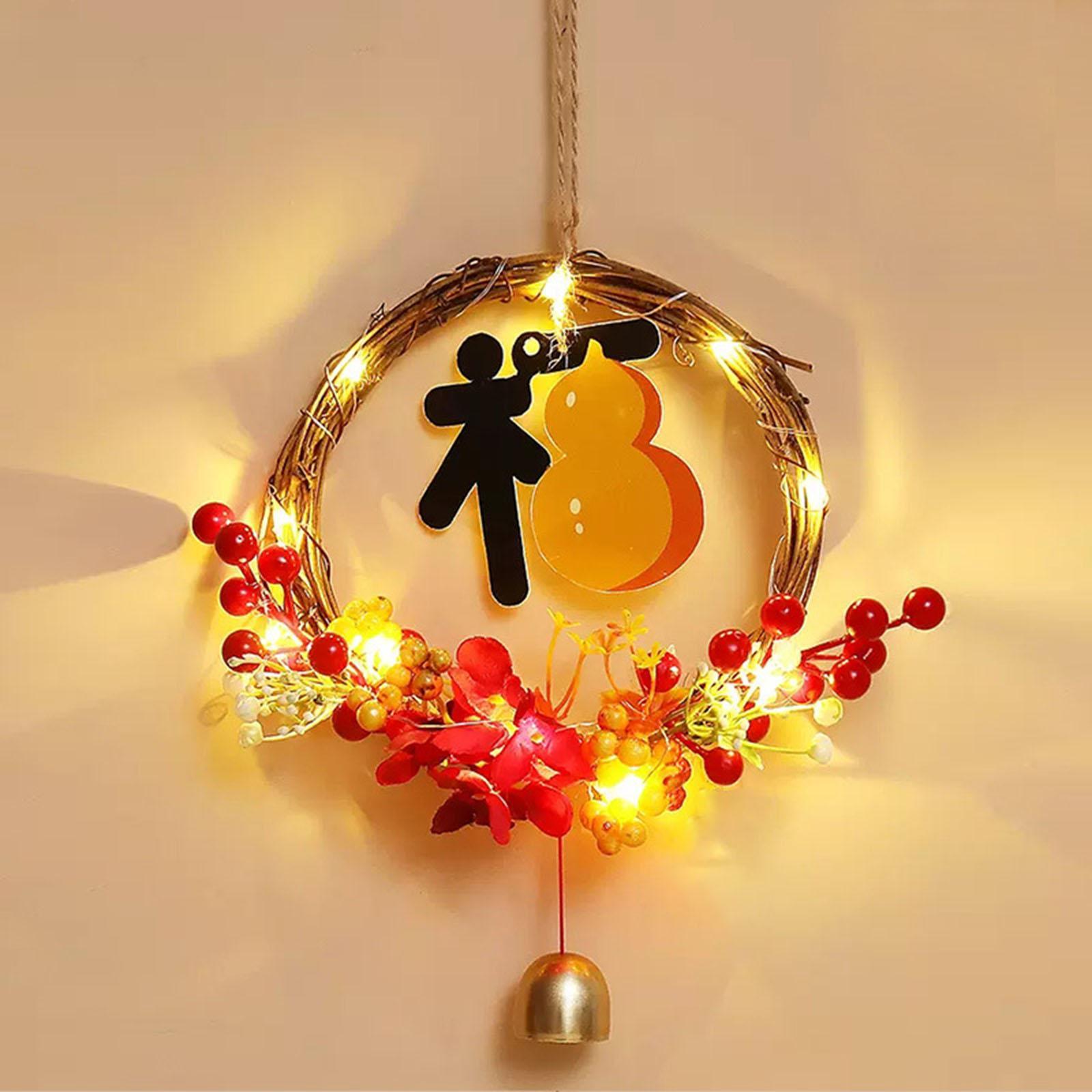Lighted Chinese New Year Wreath Wall Hanging Ornament Hanging Pendant for Window Party Indoor Outdoor Fireplace Home