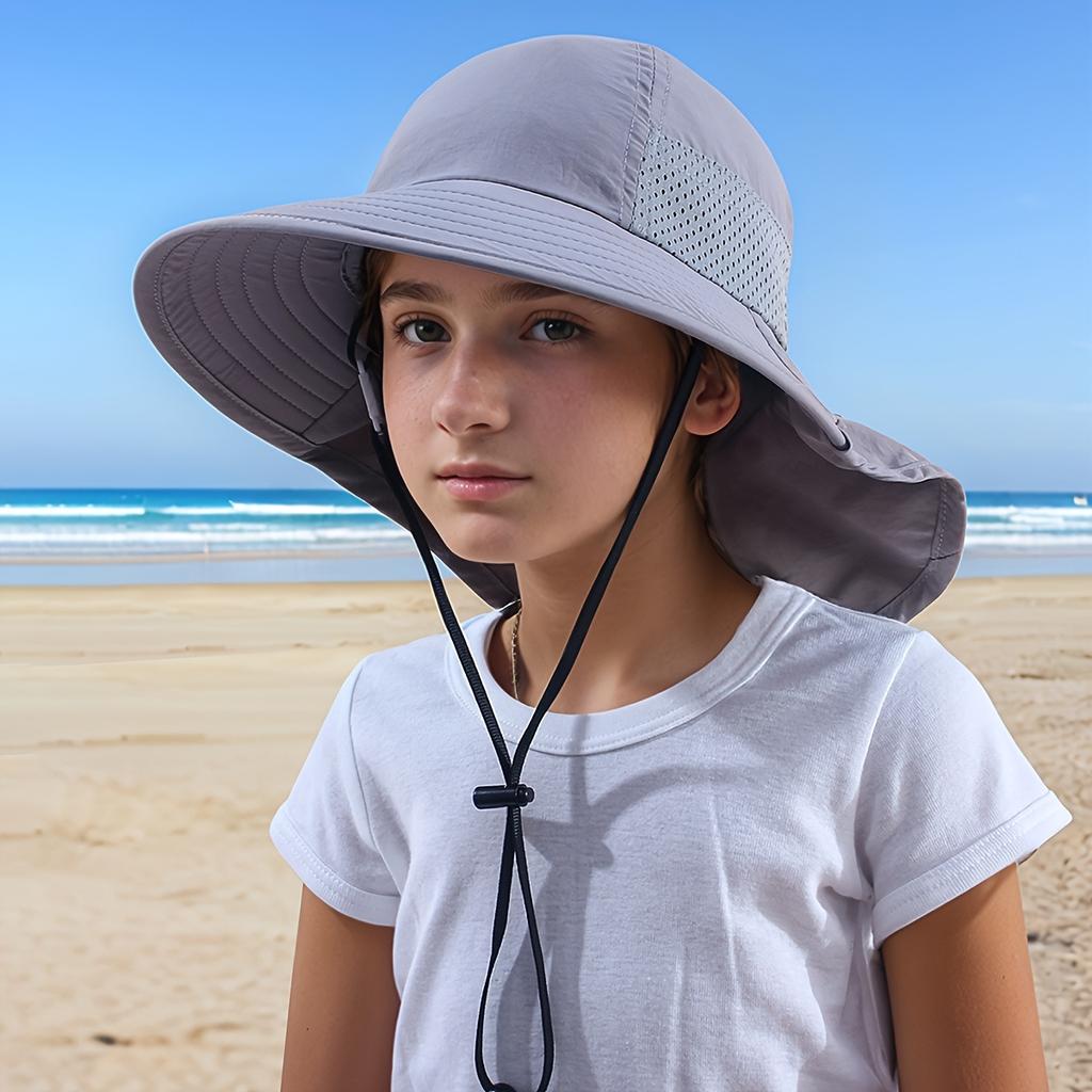 Children's Outdoor Wide-Brim Neck-Protection Hat, Breathable Mesh Sun Hat with Windproof Cord, Beach Play Hat
