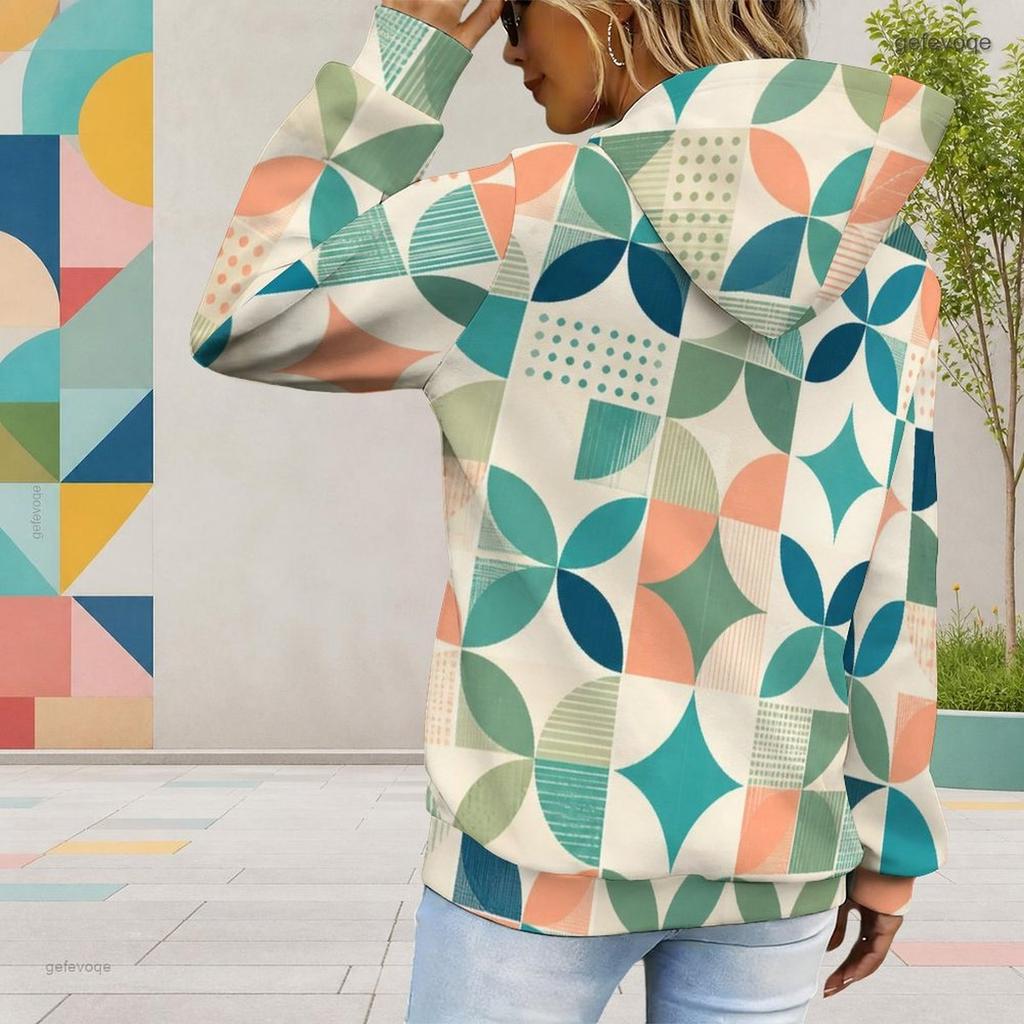 Women Plus Size Abstract Geometric Printed Long Sleeve Drawstring Hoodie Kangaroo Pocket Pullover