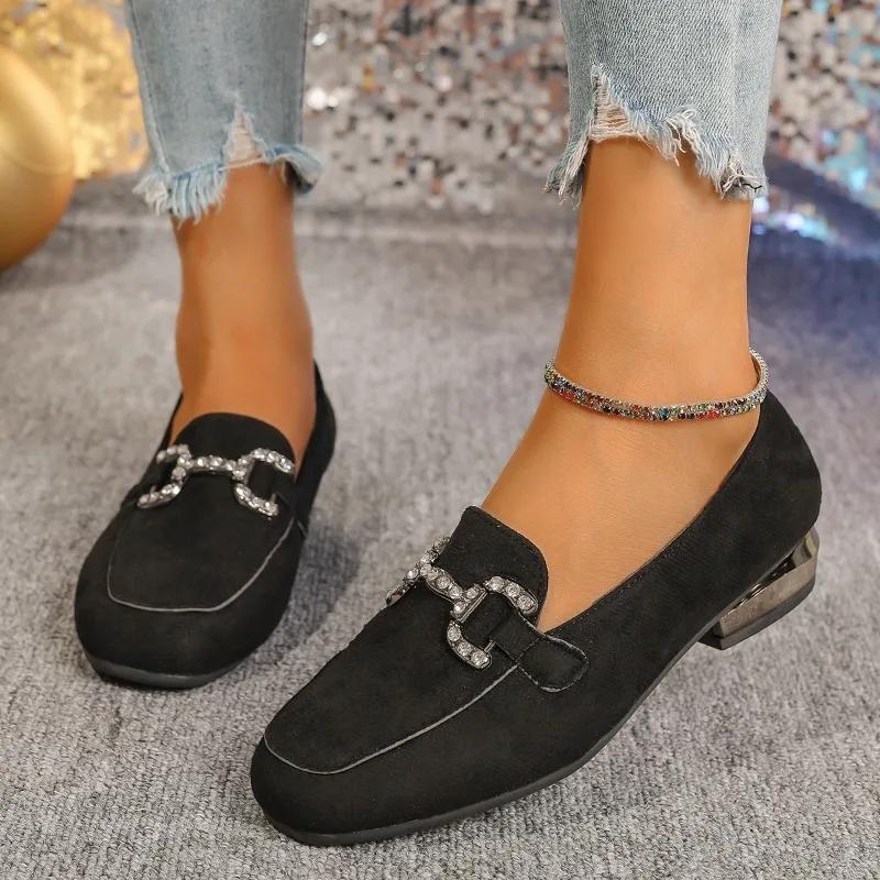 Fashion 2024 Brand Slip on Women's Flats Autumn Square Toe Solid Flock Metal Decoration Low-heeled Casual Shoes