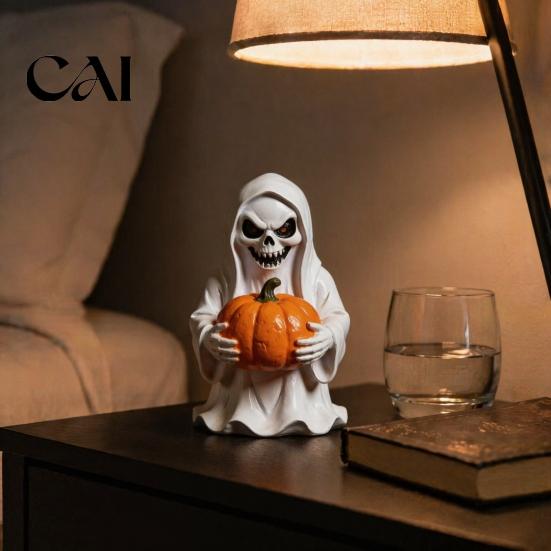 Indoor Halloween Fireplace Decor White Ghost Pumpkin Resin Statue, Spooky Holding Mini Small Decoration Figurine for Garden Yard Tabletop Mantel Home