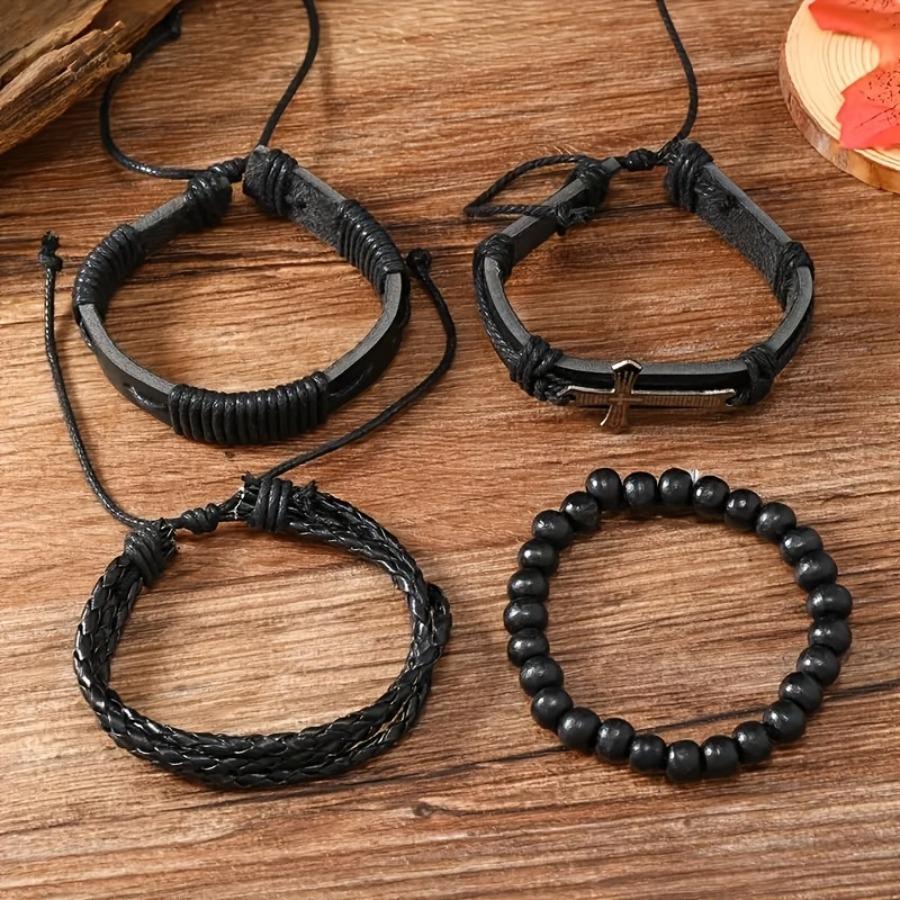 4pcs Set Handcrafted Men'S Bracelets with Cross Alloy | Faux Leather, Vintage Style, Suitable for Daily and Gift Occasions
