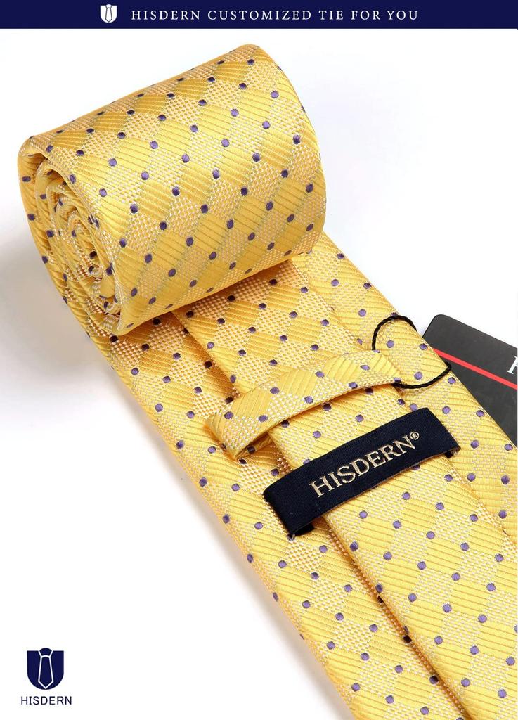 [HISDERN] Men's Business Tie, Silk, Washable, Yellow, Polka Dot Pattern, Stylish, for Weddings, Job Hunting, Entrance Ceremonies, Graduation