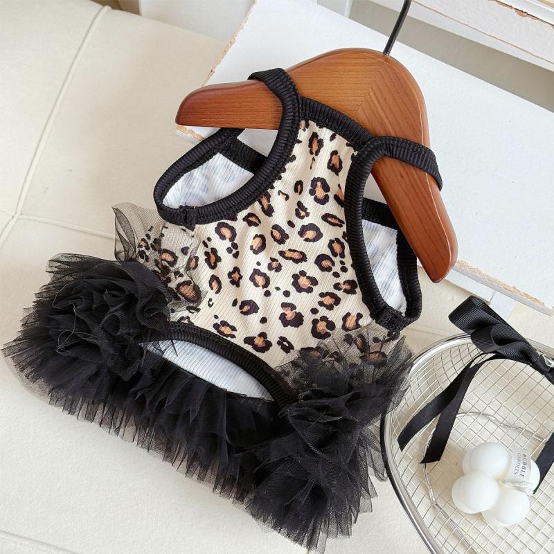 Summer Dog Fairy Strap Dress Leopard Print Mesh Anti-Shedding Teddy Bichon Pomeranian Cat Maltese