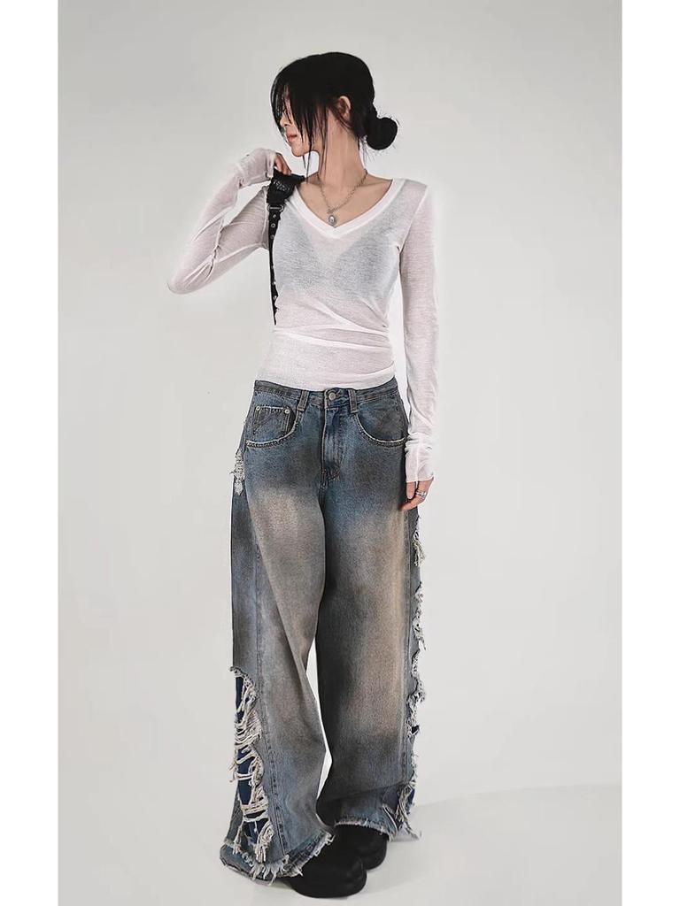 Trendy Korean Tassel Ripped Jeans: Washed, Punk Style, Straight-Leg, Draping Long Pants for Teenagers