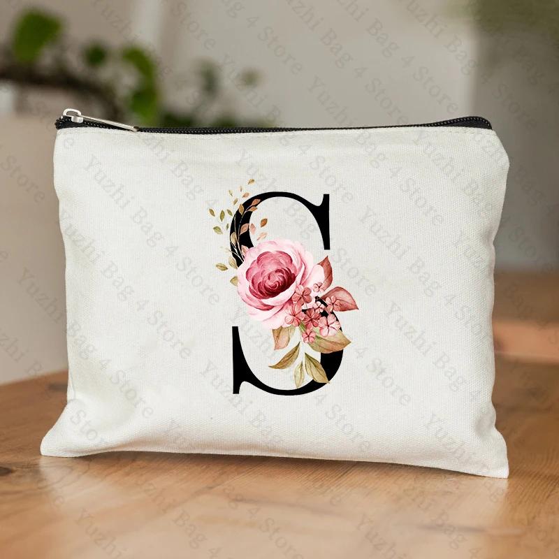 A-Z Alphabet Cosmetic Storage Bag Initial Graduation Gifts for Teacher Flowers Print Toiletry Bag for Bridesmaids Wedding Gifts