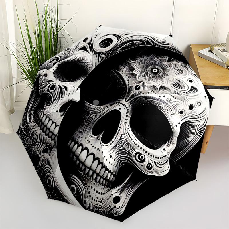 

1pc Sugar Skull Design Automatic Umbrella - Stylish, Durable, with 8-Rib Manual Open Design, Elegant Black Handleyy250920199