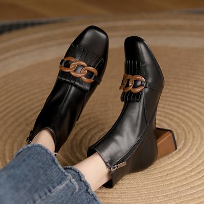 2024 New Women Shoes Fringe Women Boots Winter Ankle Boots Zapatos De Mujer Womens Boots Square Toe Genuine Leather Black Boots