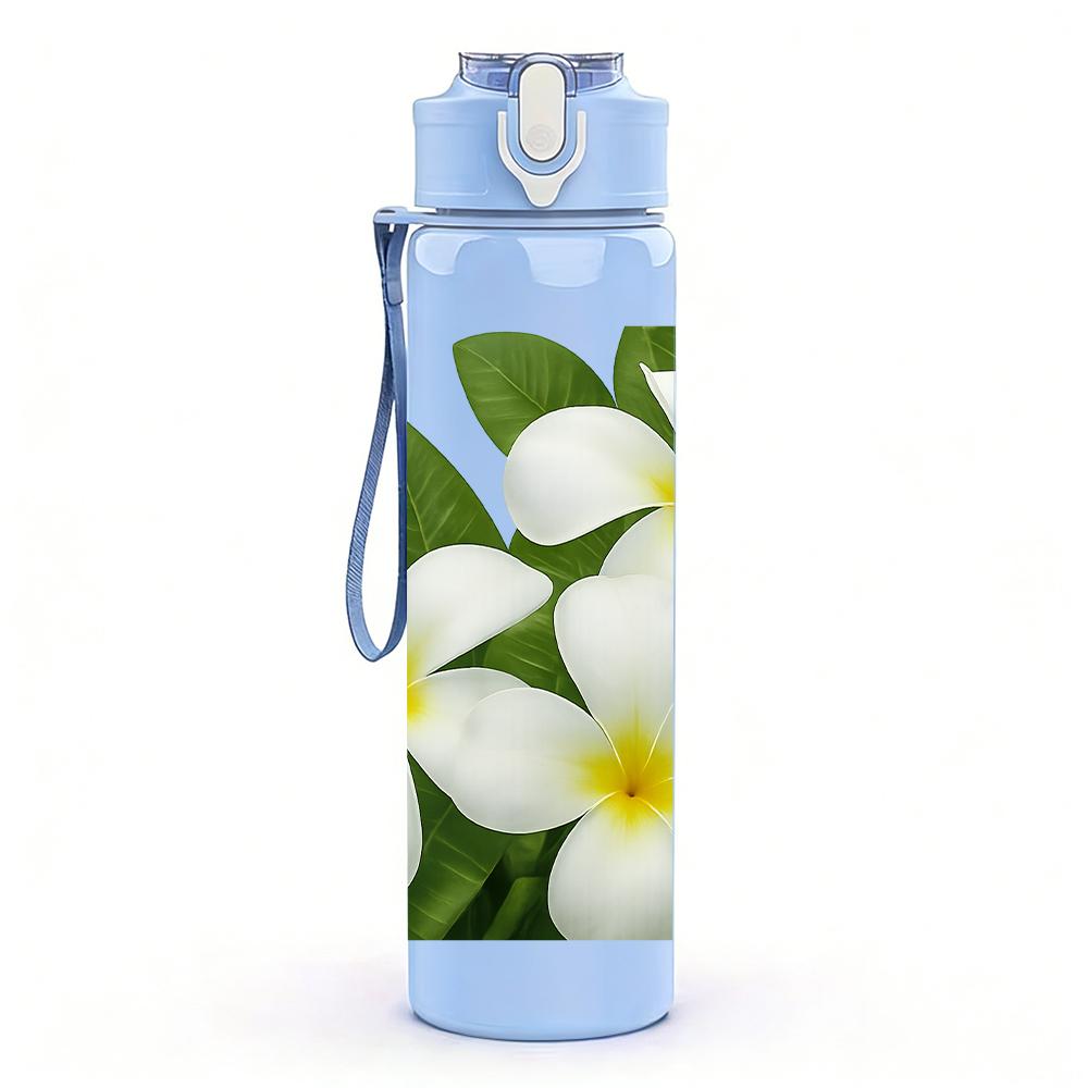 1PC White Plumeria Flower Bloom 750ml Color Plastic Sports Water Bottle Leakproof Flip Straw Lid For Sports Office Home Use