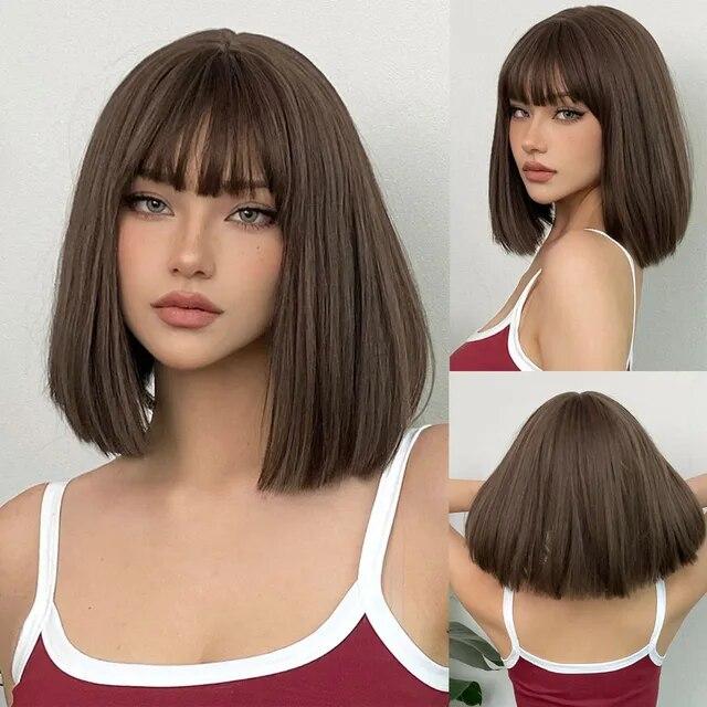 Peruci sintetice drepte mătăsoase blonde cu breton Perucă lungă medie platină naturală pentru femei Cosplay rezistentă la căldură