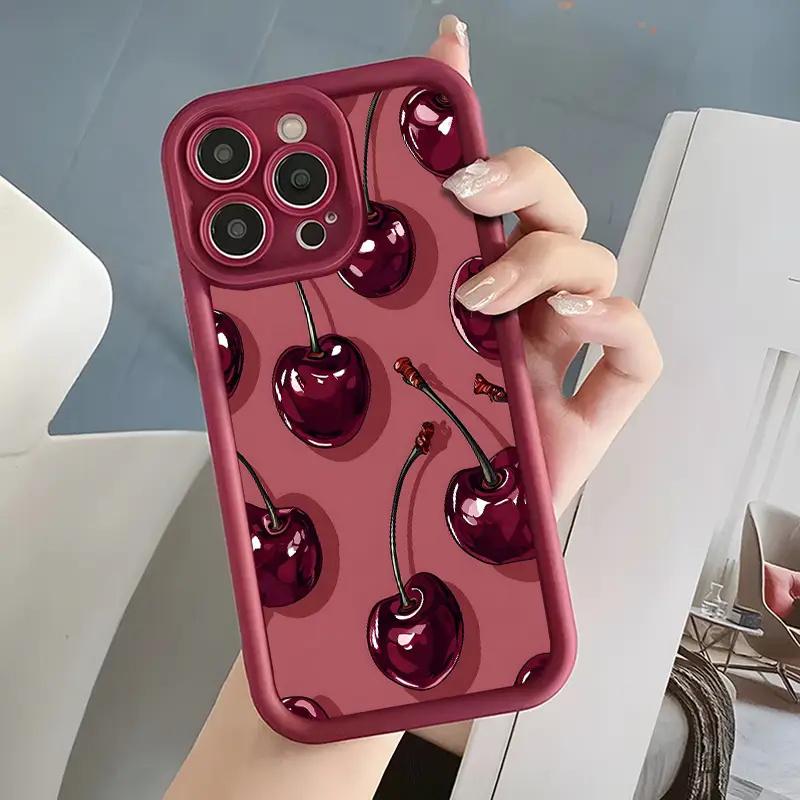 Luxury Wine Red Cherry Print Case for IPhone 16 15 17 Air 14 13 12 11 Pro Max 7 8 16 Plus 16e Shockproof Silicone Phone Cover
