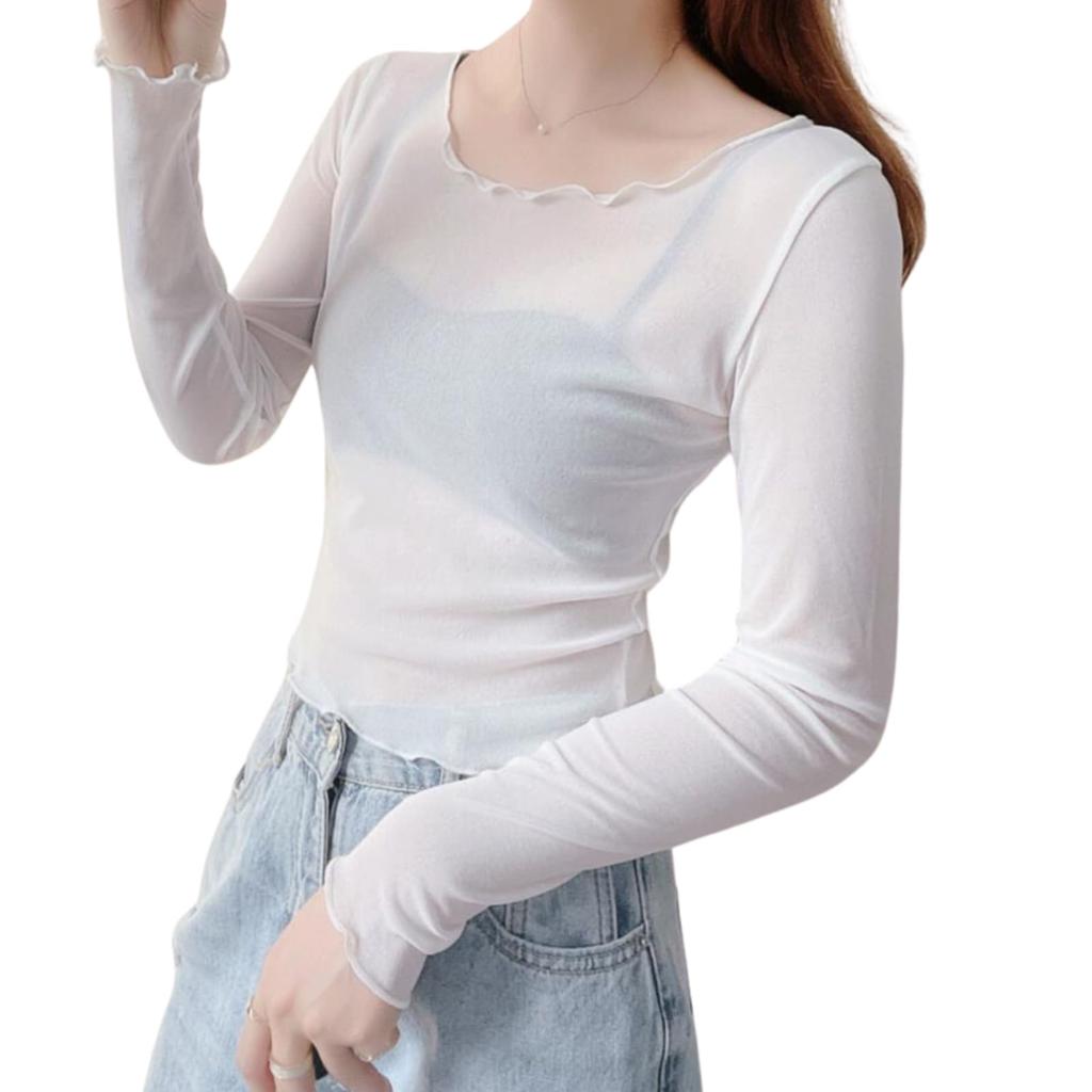 Kopi Long Sleeve Sheer Layering UV Elegant Tulle Round Sexy White Plus Size F See-Through Shirt, Protection, Top, Neck, Lace, Blouse, Women's, Size,