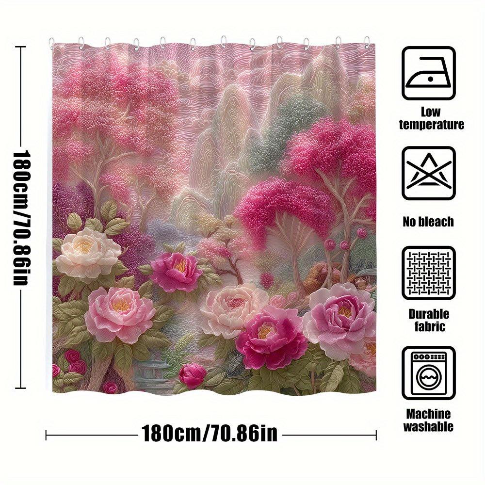 1pc Pastel Peony Bath Curtain - Serene Landscape with Pink & White Peonies, Cloud-Like Foliage & Blossoming Trees