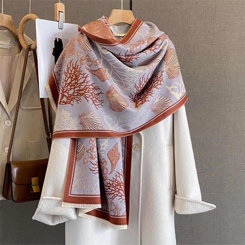 Autumn Warm Shawl Fashionable Versatile Marine Element Printed Scarf Femininity Long Style with Imitation Cashmere Scarf