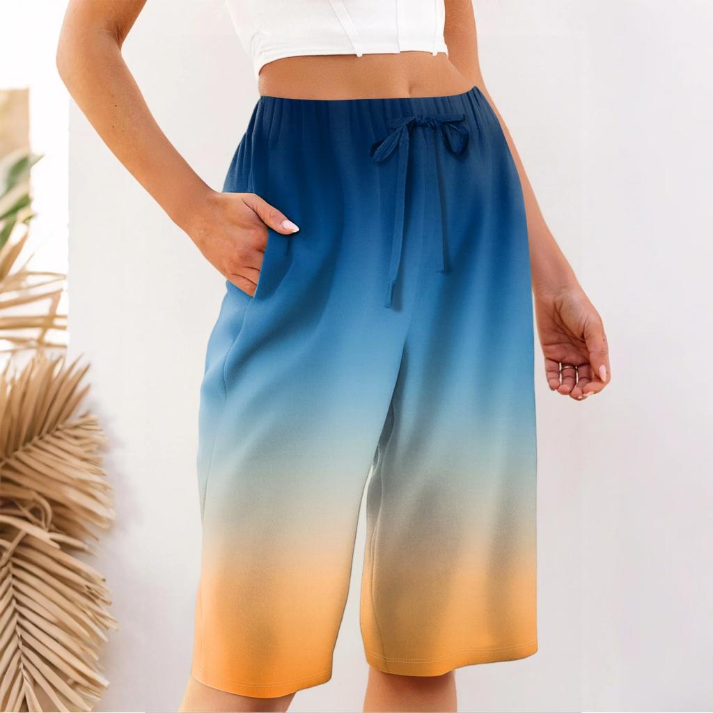 Women's Summer Elasticated Tie Waist Gradient Colour Cotton Linen Loose Shorts
